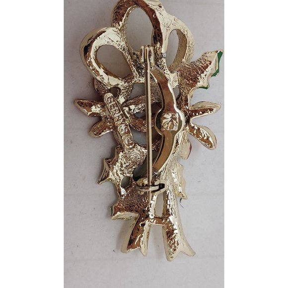 Pin Poinsettias and Holly Enameled on Gold tone Ribbon ©Gerry Christmas - Picture 2 of 3